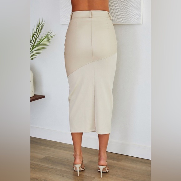 (86569/66112) 2-BUTTON PU BLAZER & DUAL FABRIC/PU MAXI SKIRT WITH POCKETS SET - Picture 4 of 7